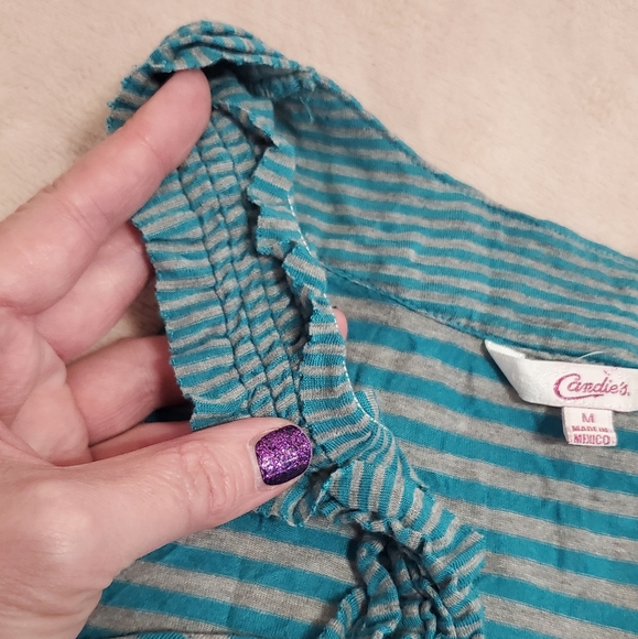 Candie's Striped Strappy Blue/Gray Summer Tank Top w/Ruffles Sz M - Picture 5 of 9